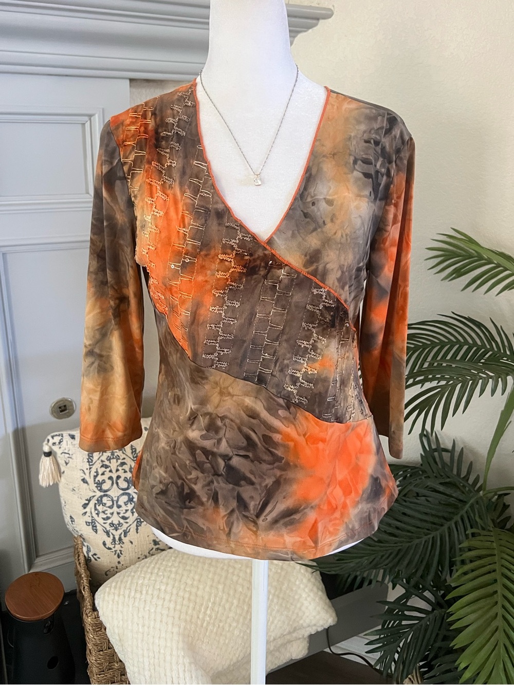 Vintage Orange and Brown Sequin V-Neck Wrap-Style Top